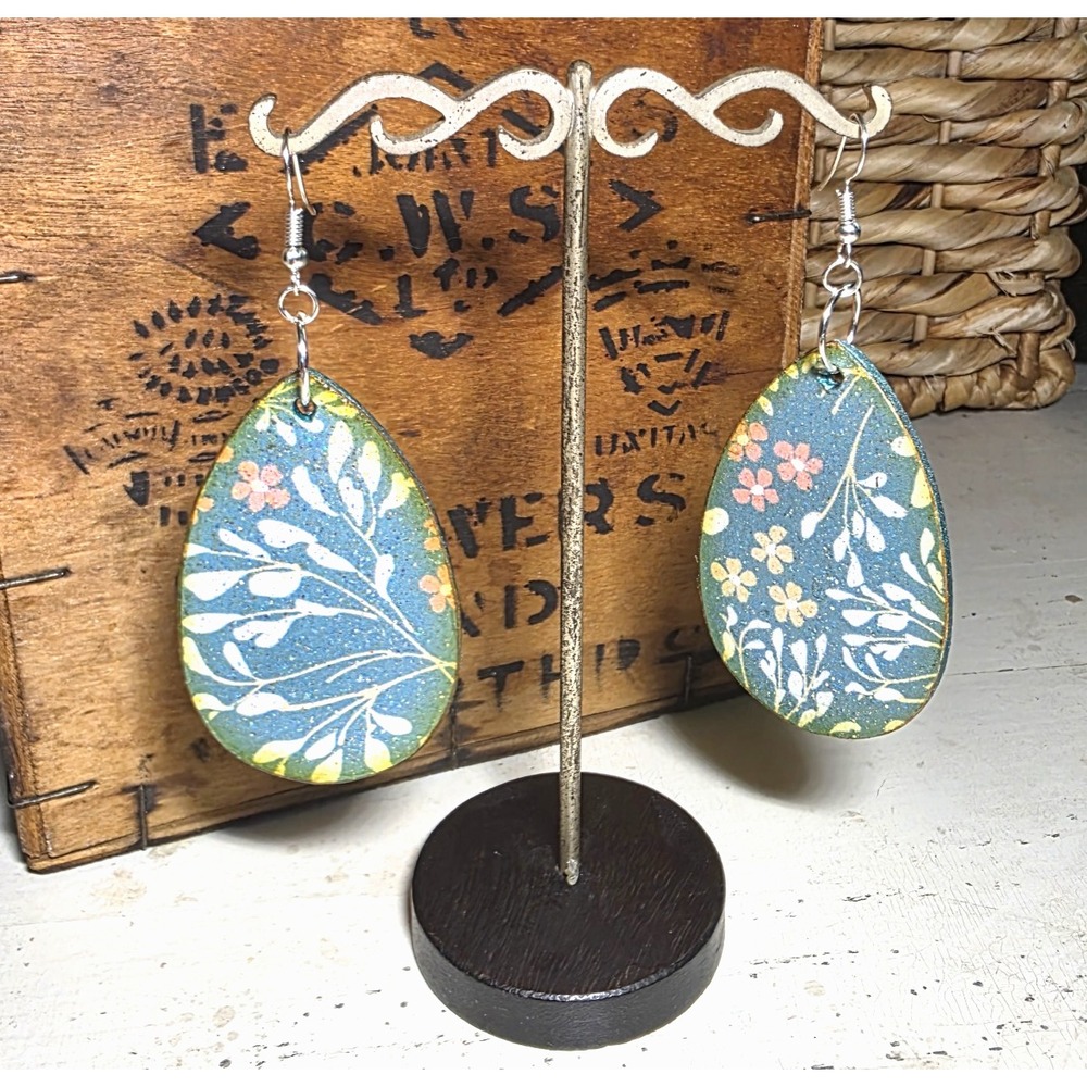 Handmade OOAK Double‎ Sided Wood Teardrop Earrings Blue Pink Floral Cottagecore